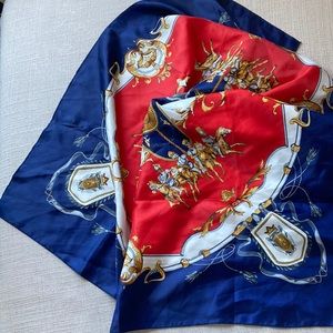 Satin like Vintage Scarf, Knights on Horses, Royal, Square, Red, Blue, White